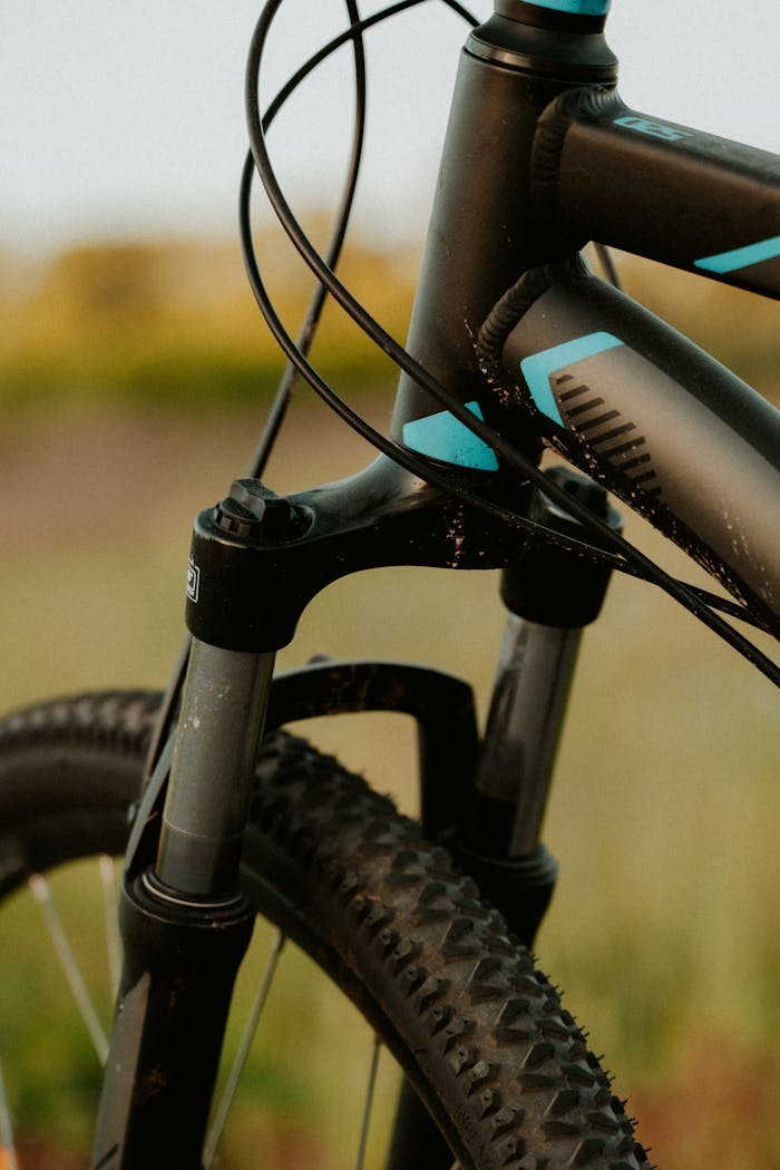 Detailed view of a mountain bike's front suspension in an outdoor setting.